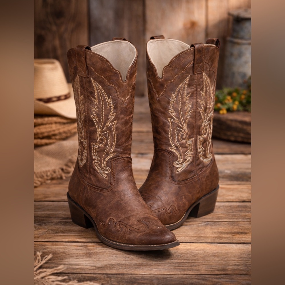 Coconut Brown Western Cowboy Boots Size 9M Embroidered Pull On